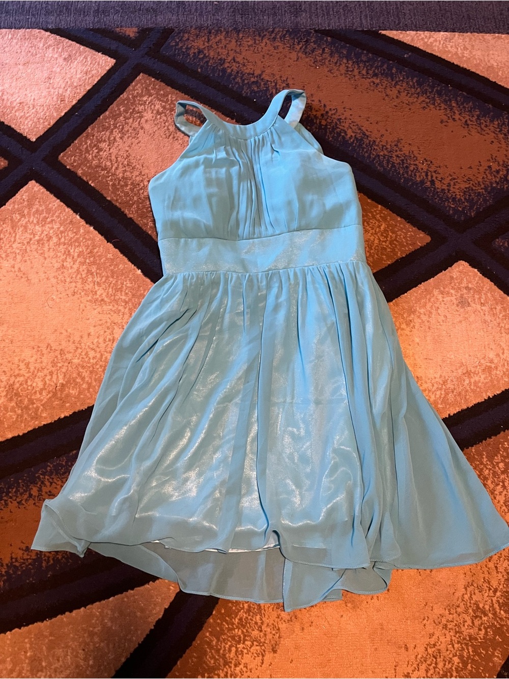 Shimmery Light Blue Midi Dress with Pleated Bodice